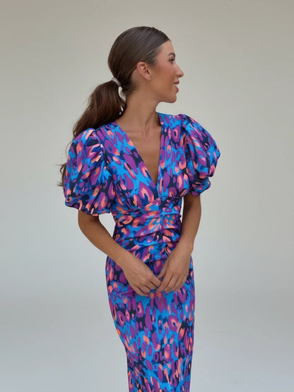 Floral Ruffle Midi Party Dress for Ladies