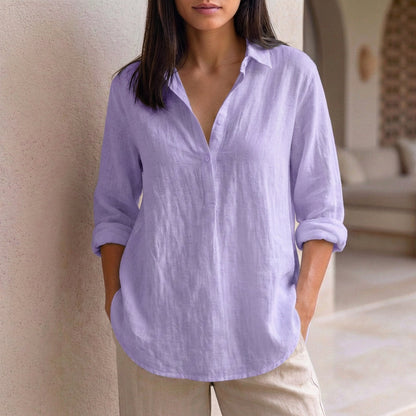 Casual V-Neck Blouse with Flared Hem and Loose Fit