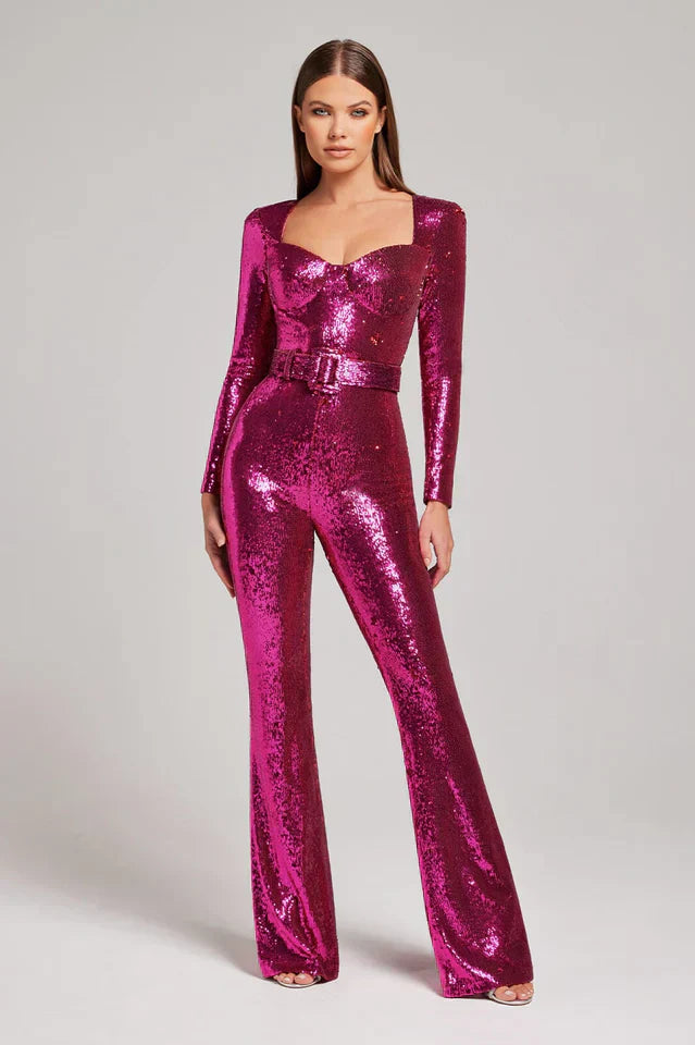Glitter Party Jumpsuit with Fitted Top and Wide Legs - Olytrend