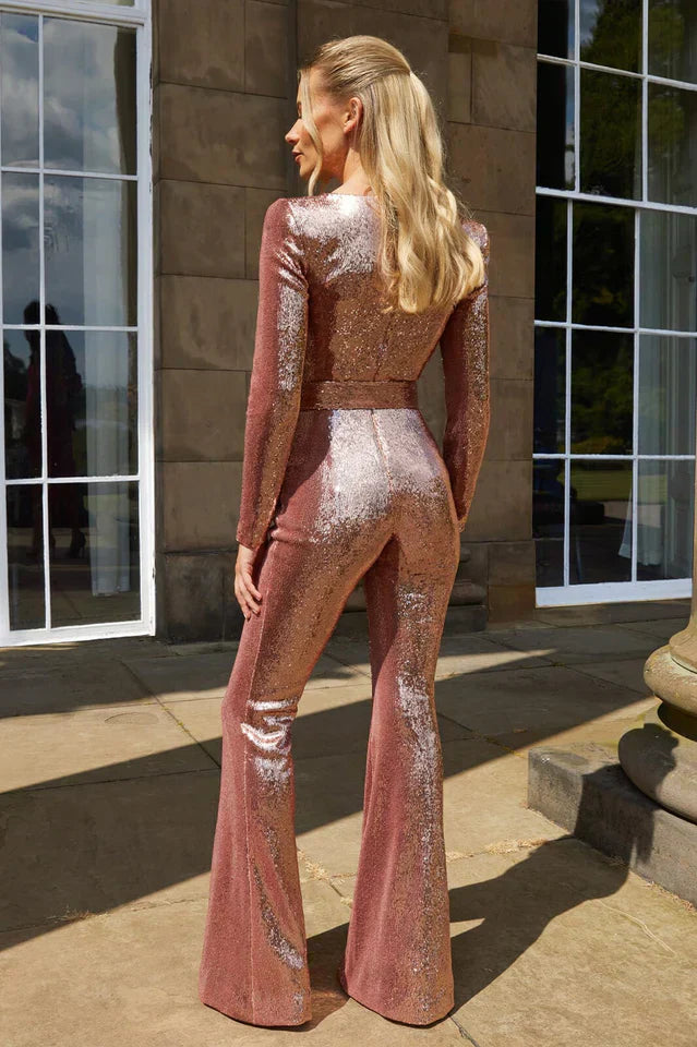 Glitter Party Jumpsuit with Fitted Top and Wide Legs