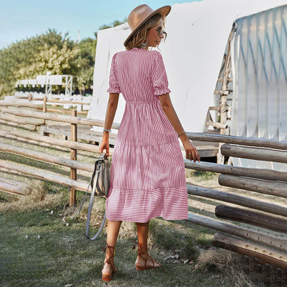 Casual V-neck Summer Dress with Puff Sleeves