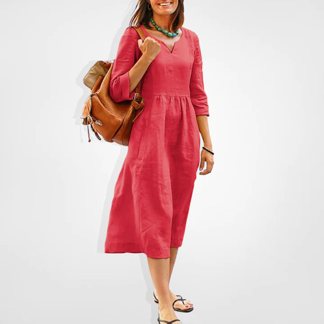 Casual V Neck Midi Dress with Short Sleeves