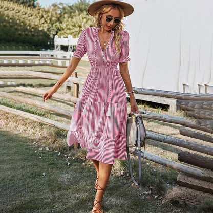 Colorful Warm Weather Dress with Bell Sleeves and V Neck