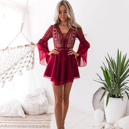 Women's Floral Mini Dress with Flare Sleeves