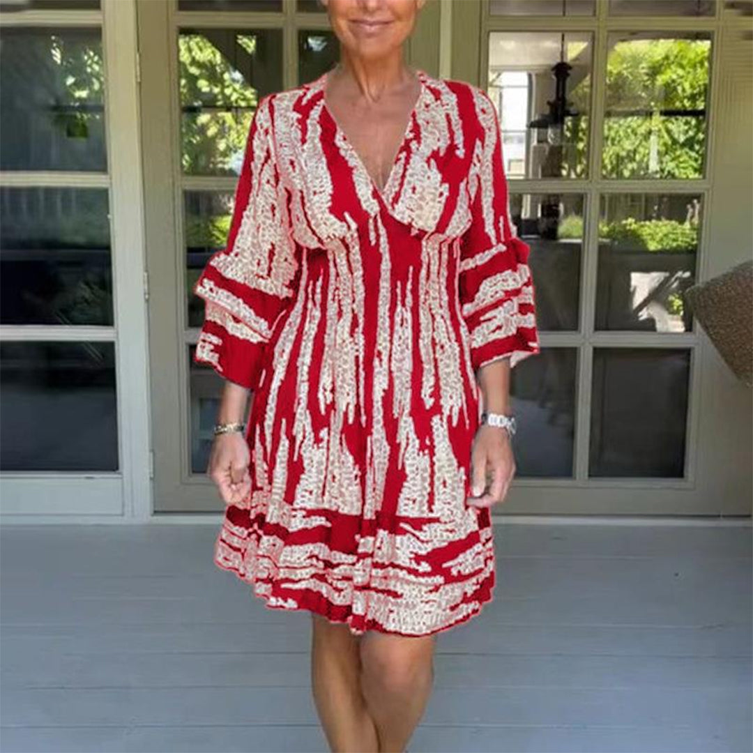 Women's V-Neck Dress with Fitted Waist and Cap Sleeves