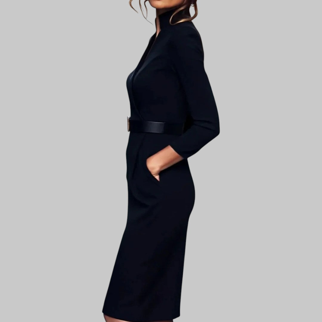 Elegant Waist Belted Midi Dress with Classic Collar
