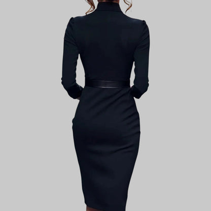 Elegant Waist Belted Midi Dress with Classic Collar