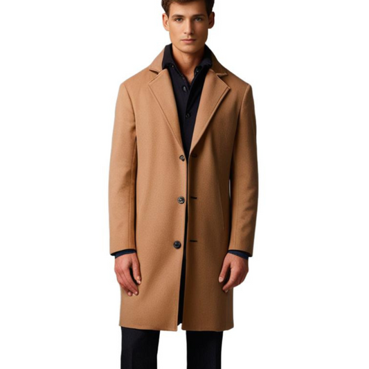 Classic Wool Long Coat | Knee Length, Notch Collar Overcoat - Nocini