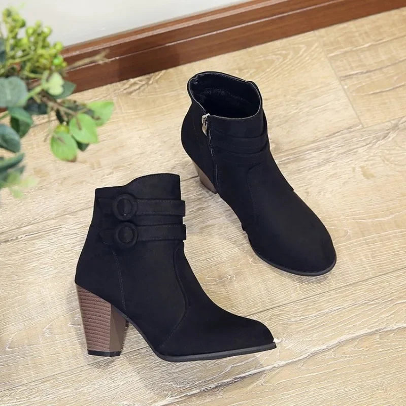 Classic Buckle High Heel Ankle Boots