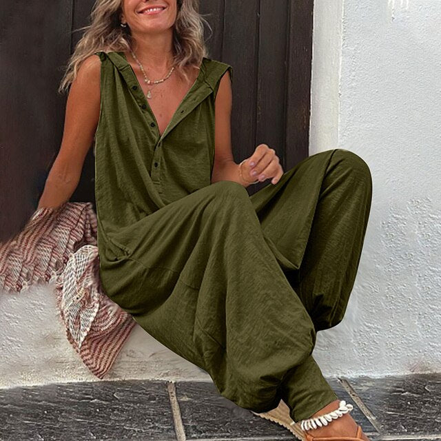 Ladies Loose Fit V Neck Summer Jumpsuit