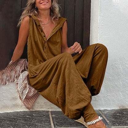 Ladies Loose Fit V Neck Summer Jumpsuit