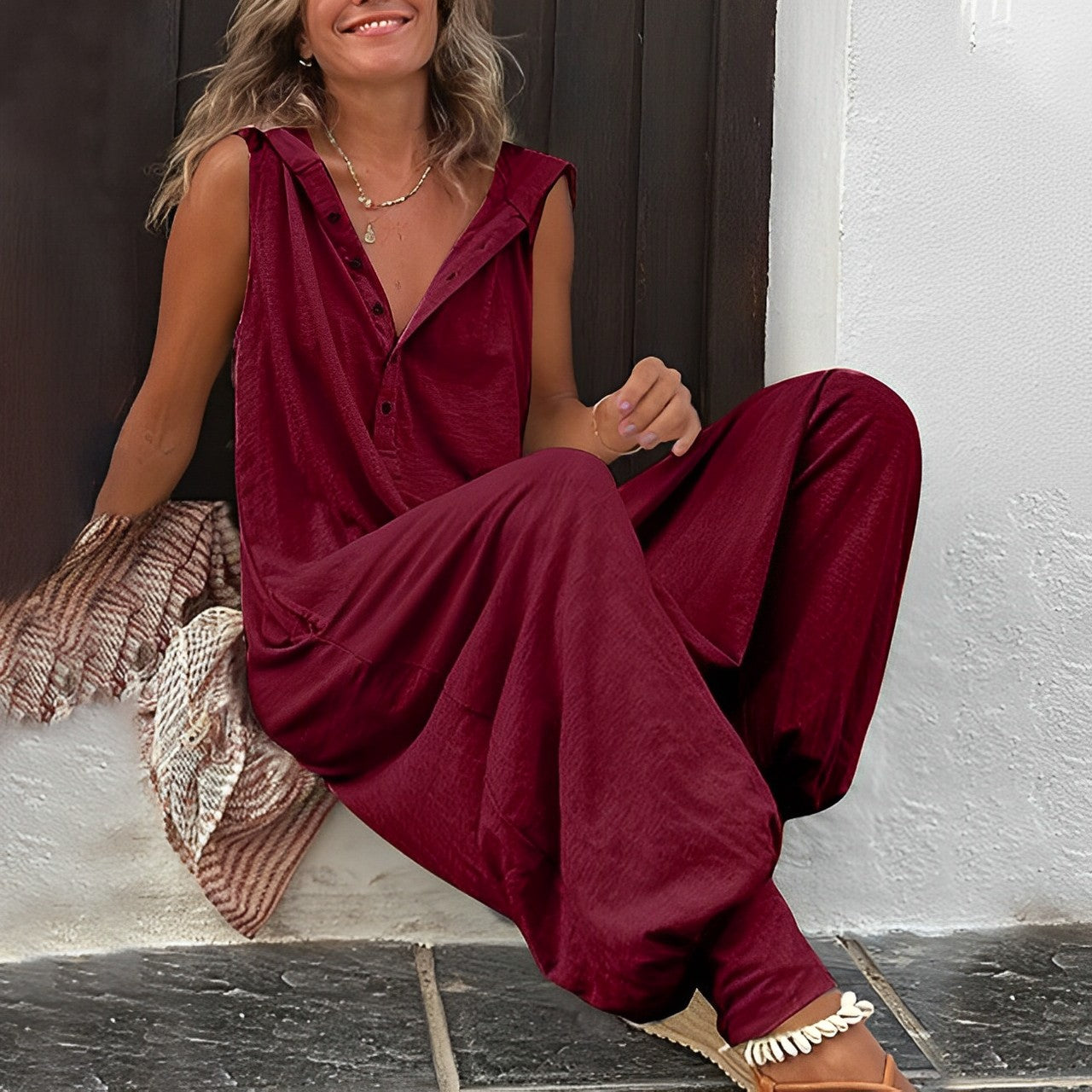 Ladies Loose Fit V Neck Summer Jumpsuit