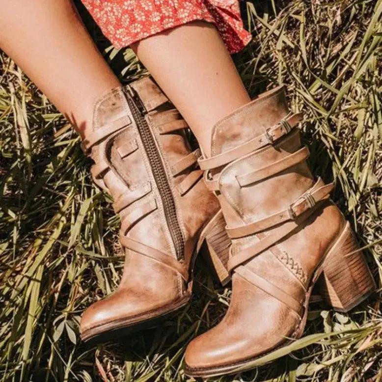 Retro Leather Boots for Women – Chic & Stylish with Belt Buckle Detail