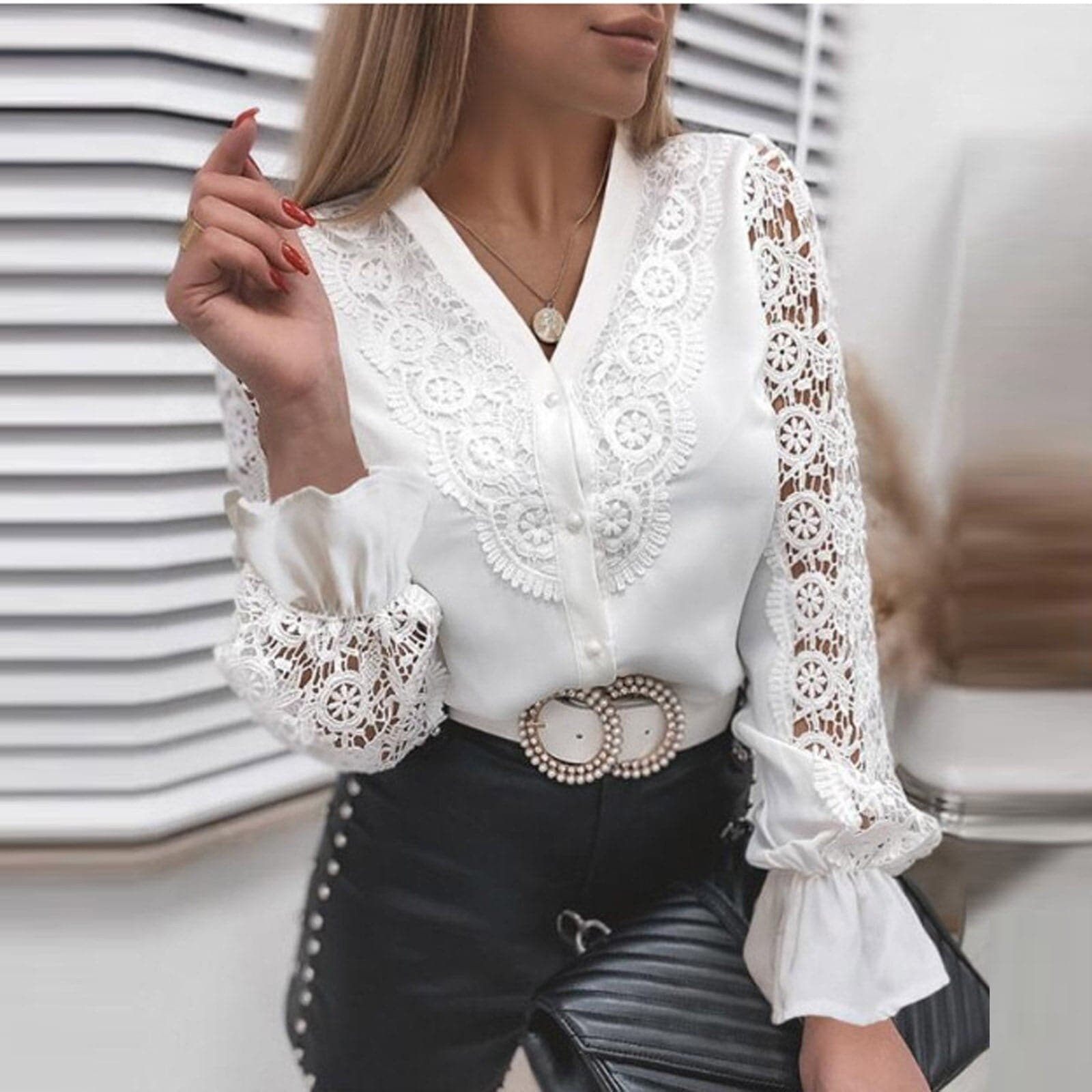 Feminine Lace Button Front Long Sleeve Blouse - Nocini