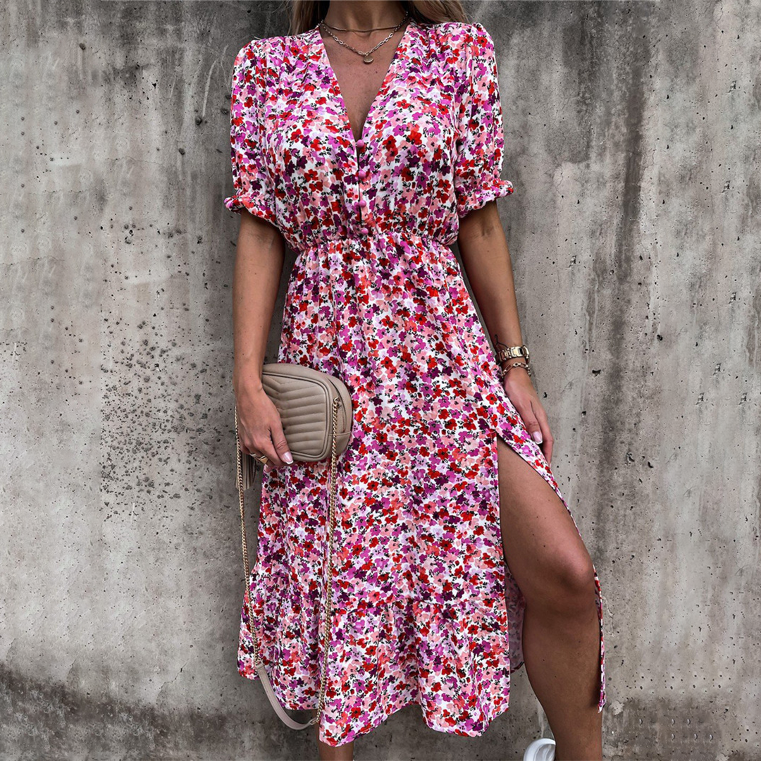 Elegant V Neck Floral Midi Dress with Short Sleeves