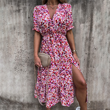Elegant V Neck Floral Midi Dress with Short Sleeves