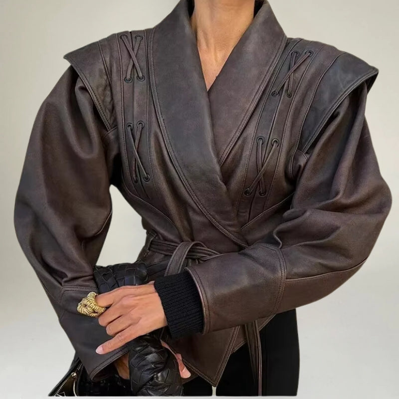 Ladies Faux Leather Kimono Jacket with Waist Tie - Nocini