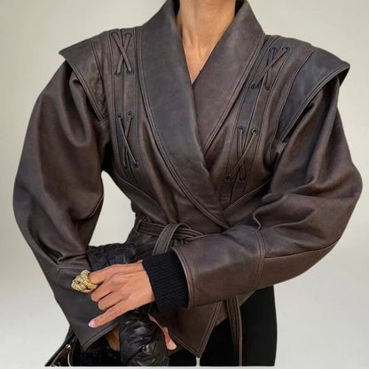 Ladies Faux Leather Kimono Jacket with Waist Tie - Nocini