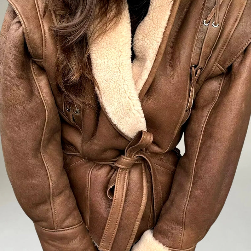 Ladies Faux Leather Kimono Jacket with Waist Tie