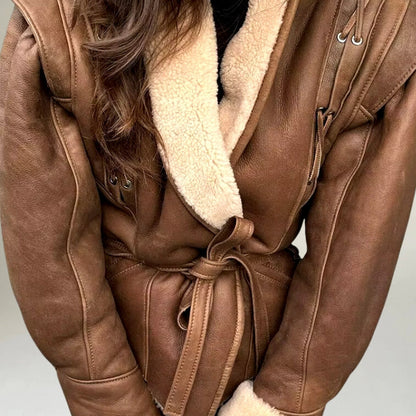 Ladies Faux Leather Kimono Jacket with Waist Tie