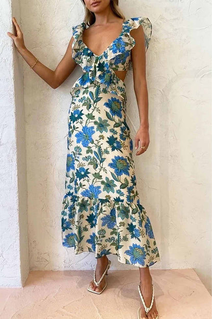 Loose Fit Summer Dress - V Neck - Ruffle Strap