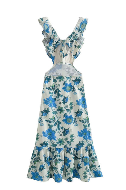 Ladies' Floral V Neck Summer Dress with Ruffled Straps