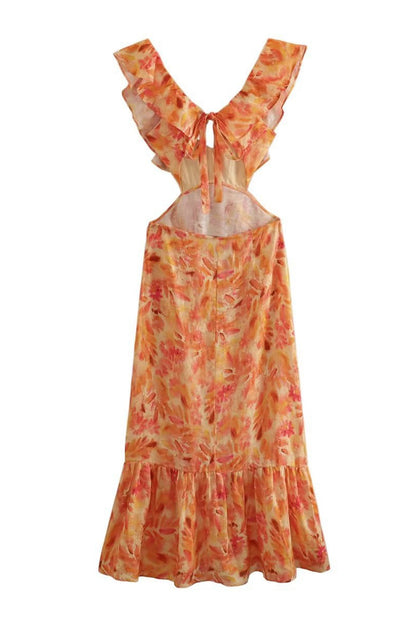 Ladies' Floral V Neck Summer Dress with Ruffled Straps