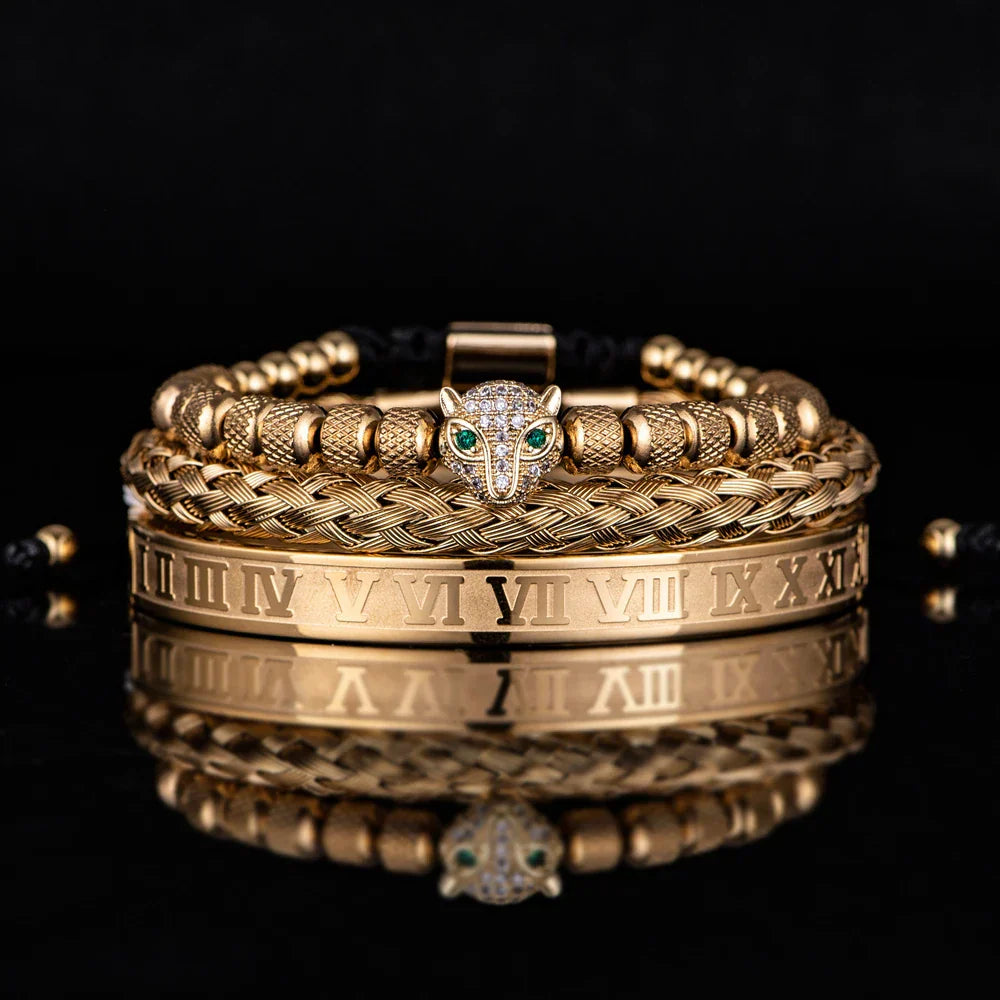 Glittering Panther Charm Beaded Cuff Bracelet Set