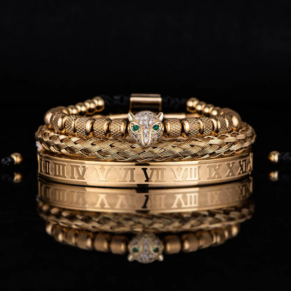 Glittering Panther Charm Beaded Cuff Bracelet Set
