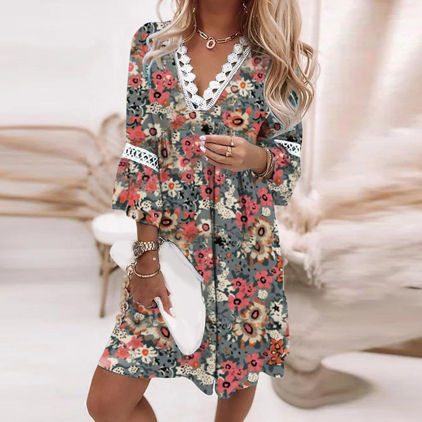 Comfortable V-Neck Floral Dress with Lace