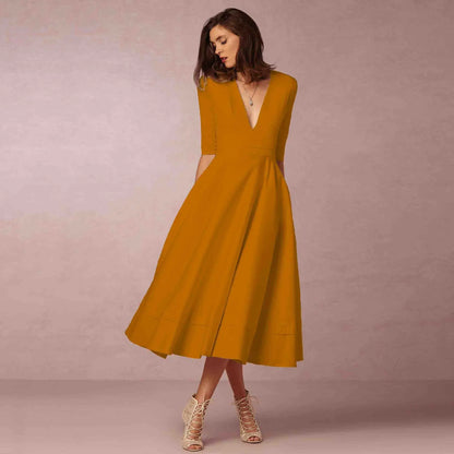 Women's Classic V Neck Midi Dress with Flare Skirt