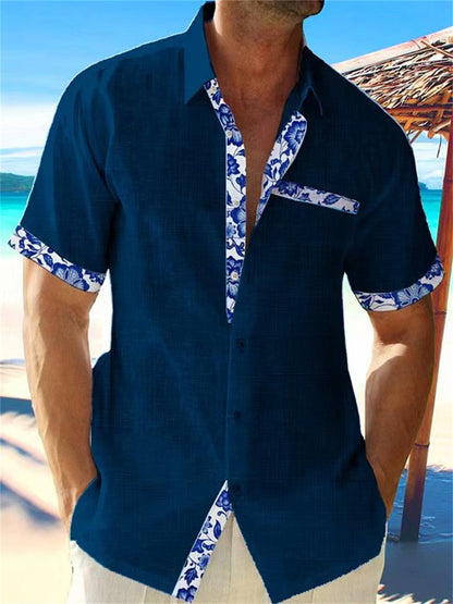 Casual Short Sleeve Mens Shirt with Floral Trim