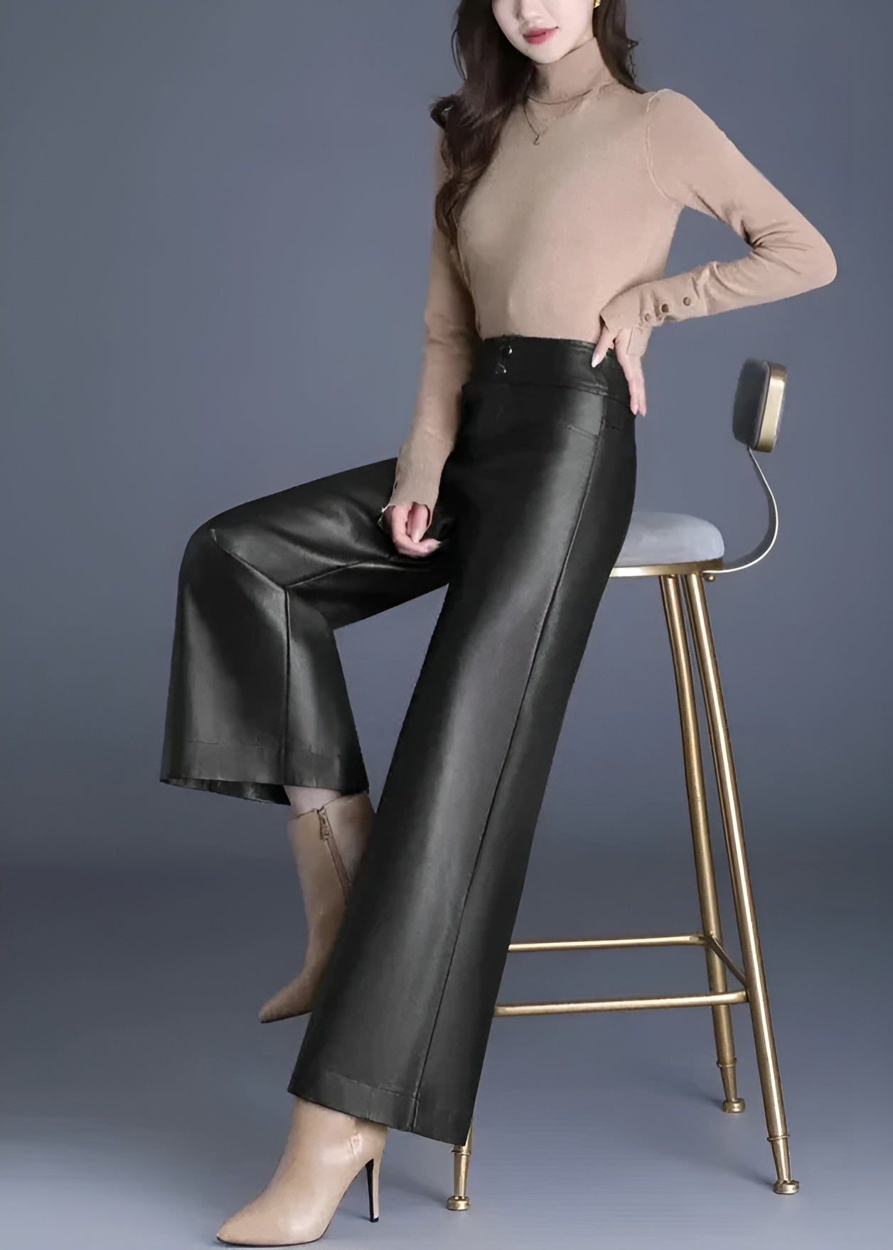 Trendy Wide Leg Leather Jeans