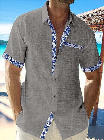 Casual Short Sleeve Mens Shirt with Floral Trim