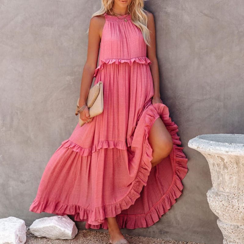 Flowy Sleeveless Maxi Dress with Ruffles - Nocini