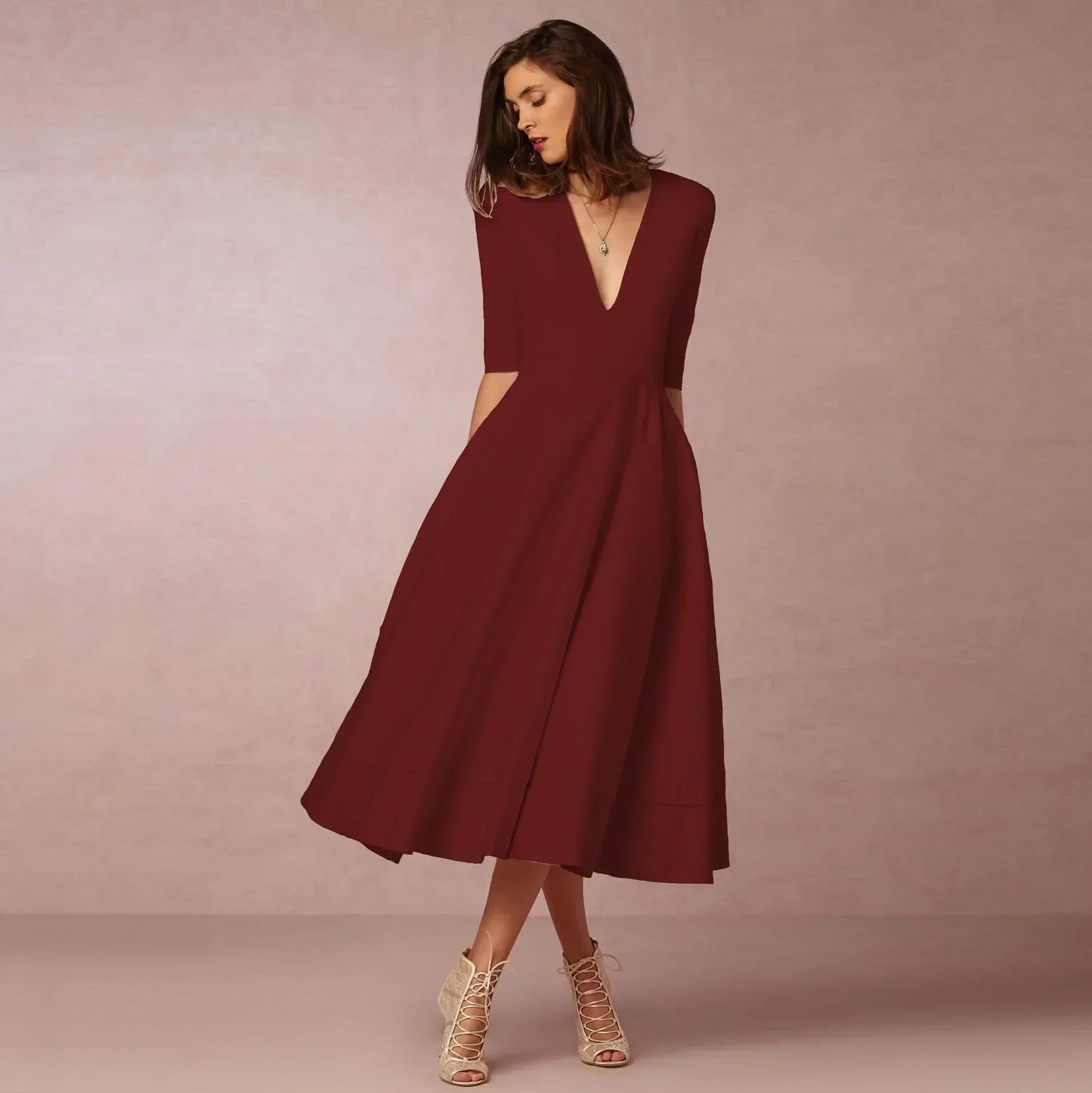Women's Classic V Neck Midi Dress with Flare Skirt
