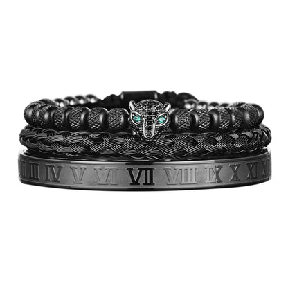 Glittering Panther Charm Beaded Cuff Bracelet Set