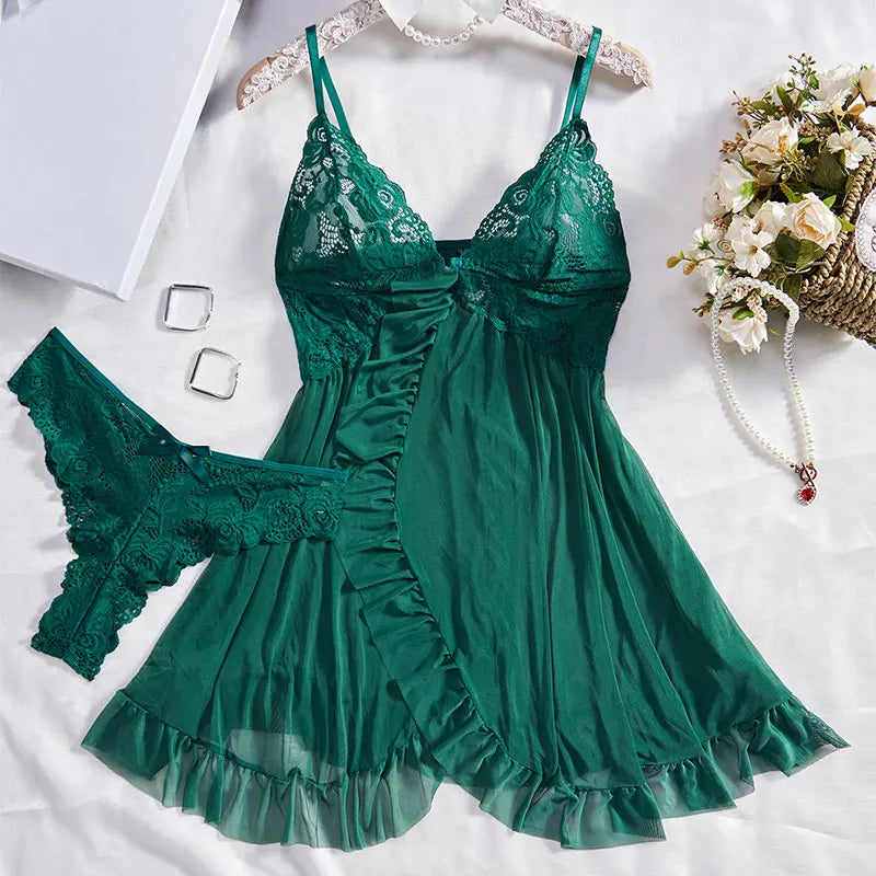 Ladies Soft Lace Trim Pajama Set