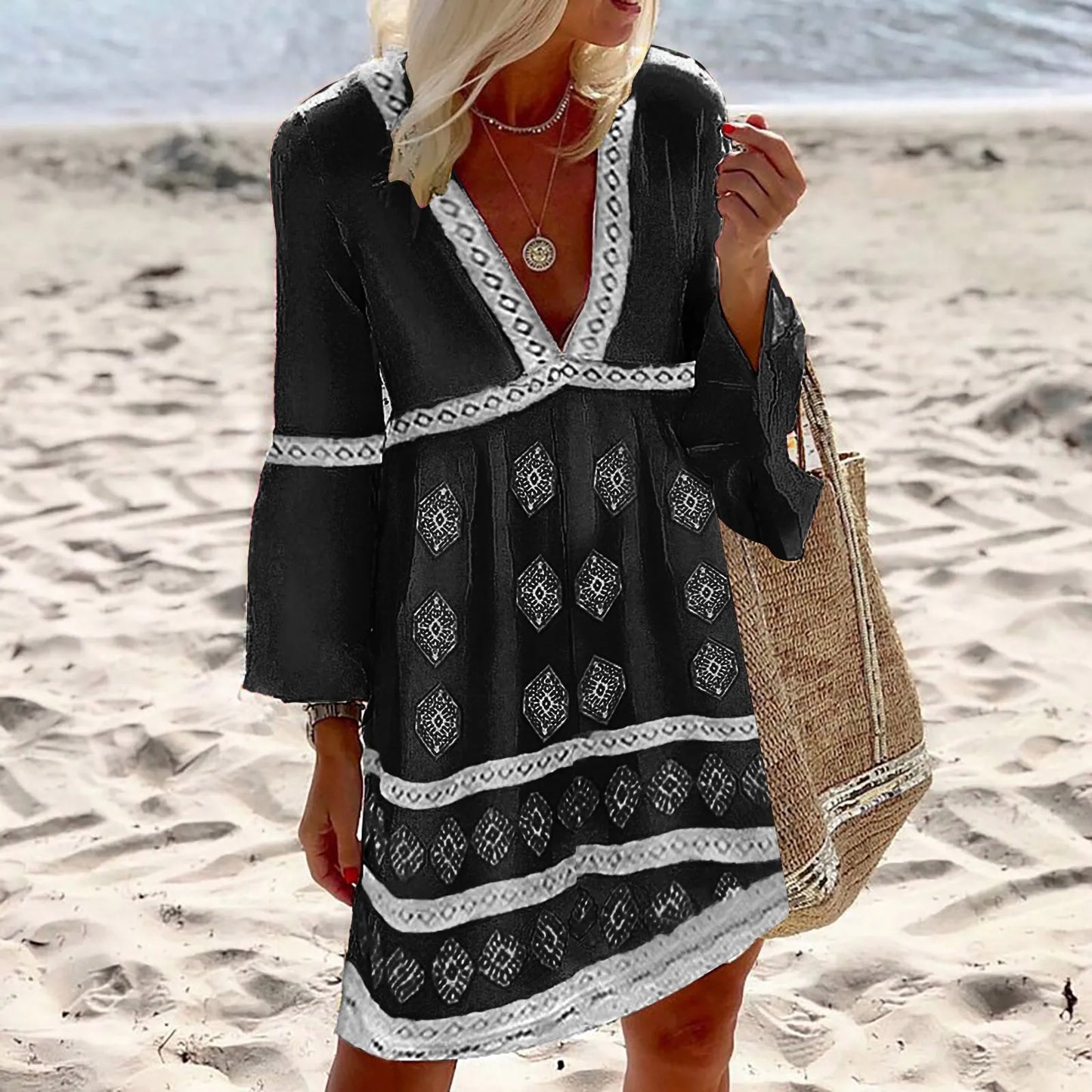 Relaxed Fit V Neck Summer Dress with Ruffles
