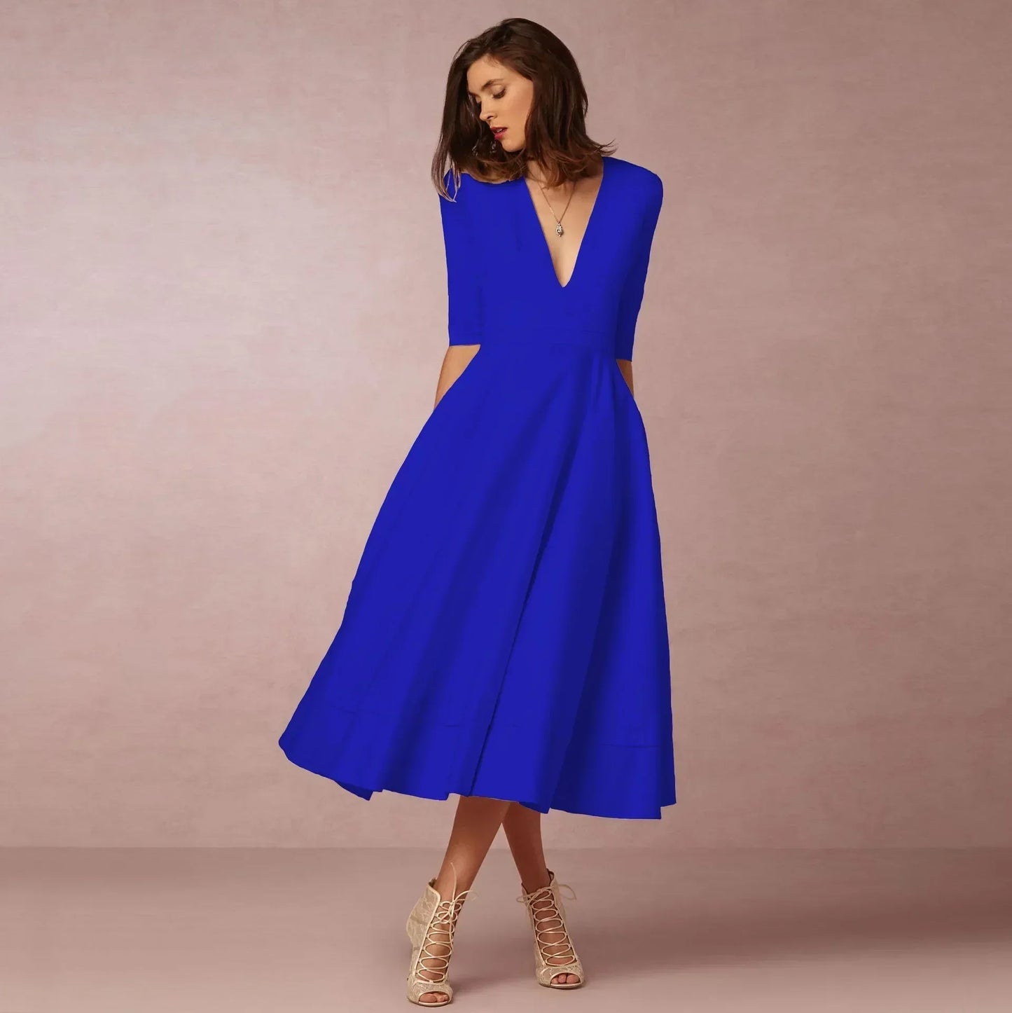 Women's Classic V Neck Midi Dress with Flare Skirt