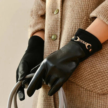 Slim Faux Leather Women's Gloves with Chain Detail - Nocini