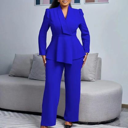 Ladies' Classic V-Neck Ruffle Top & Wide Leg Pants Set