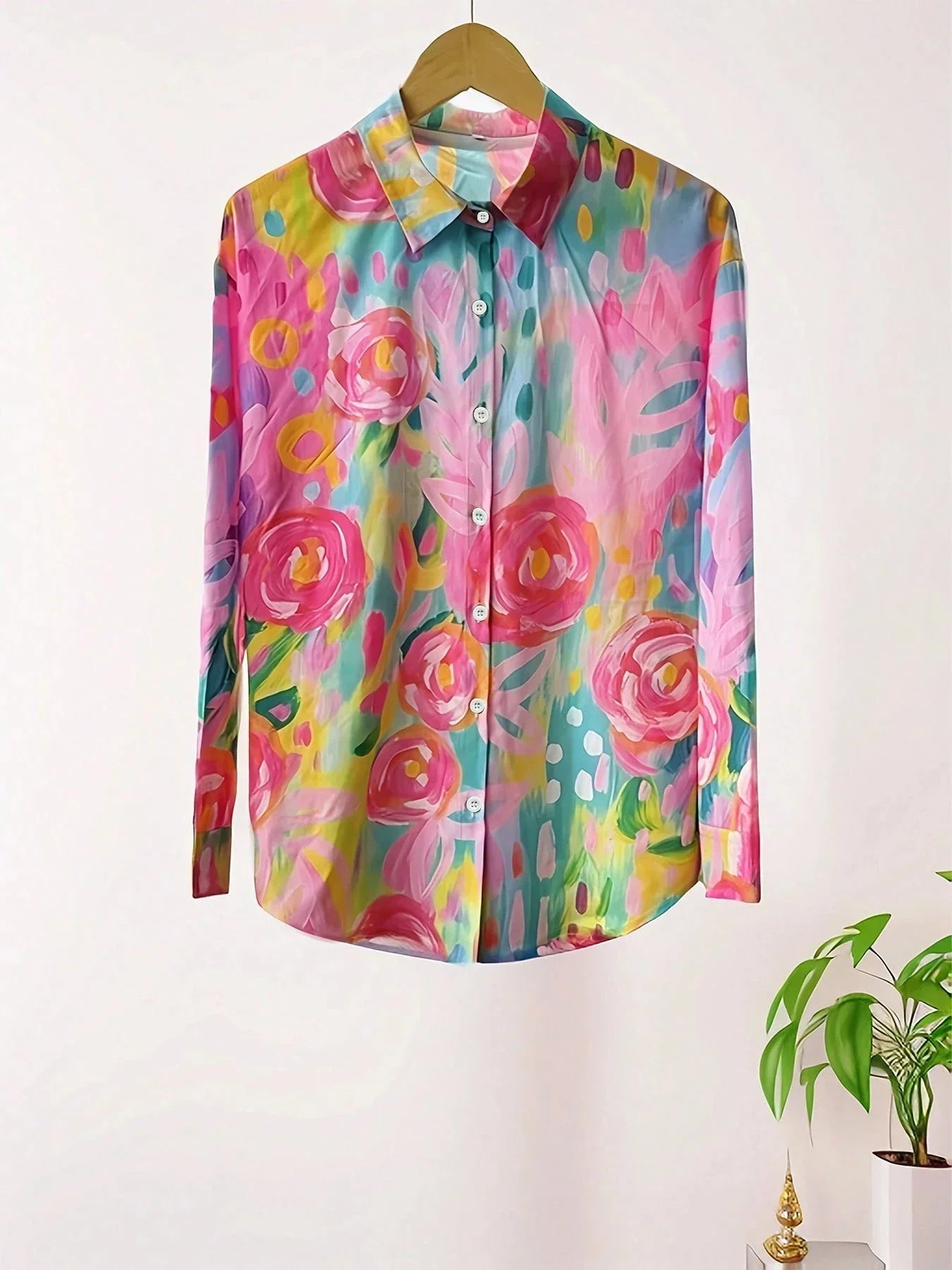 Colorful Button Down Shirt for Women with Rolled Sleeves
