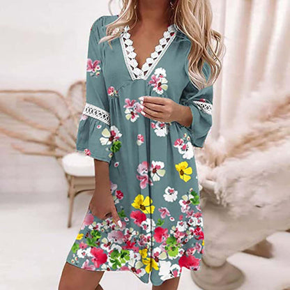 Comfortable V-Neck Floral Dress with Lace