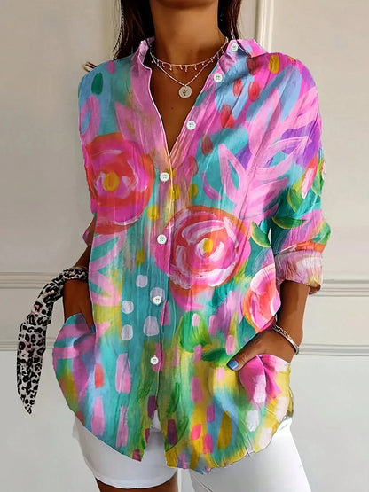 Colorful Button Down Shirt for Women with Rolled Sleeves - Nocini