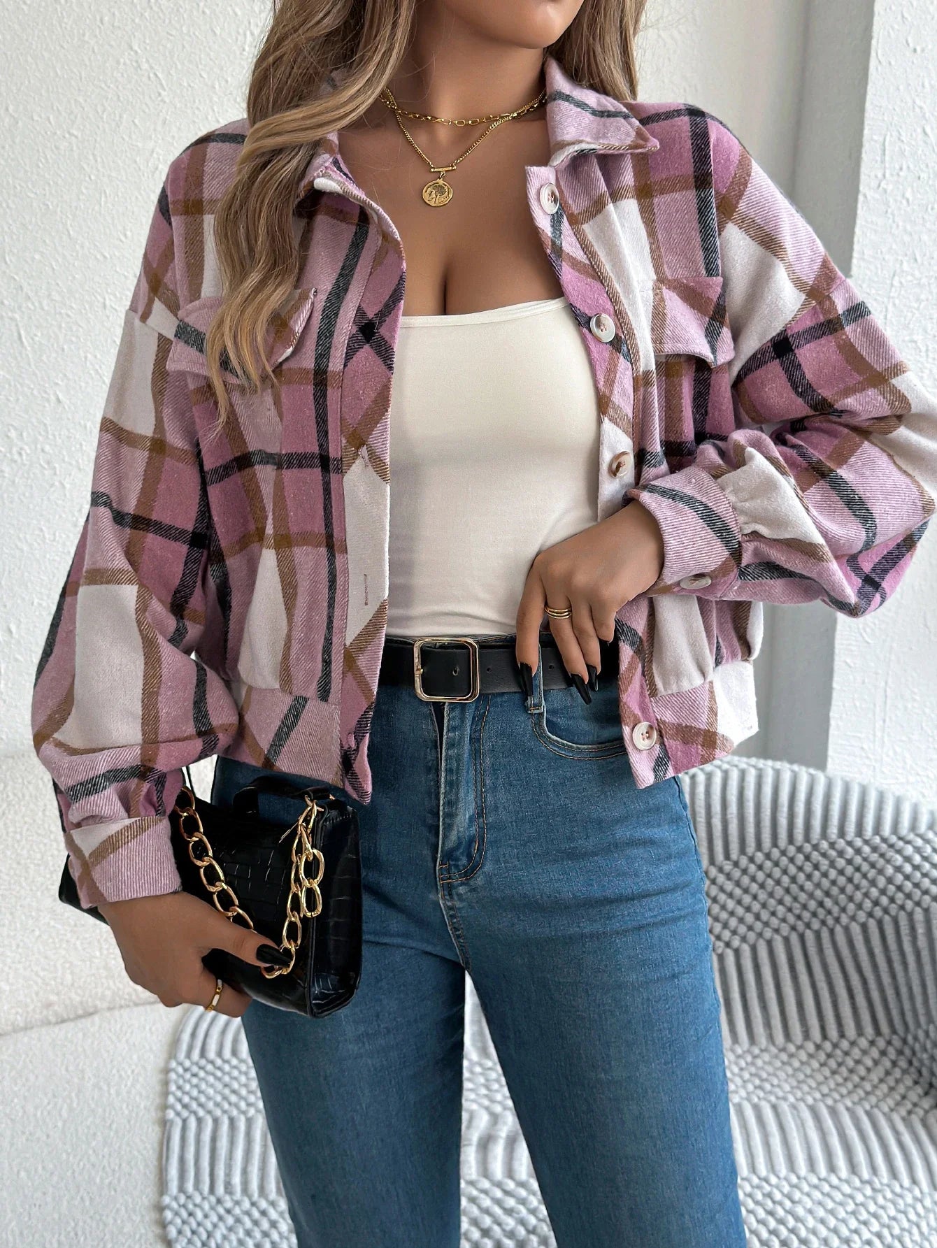 Short Plaid Denim Jacket
