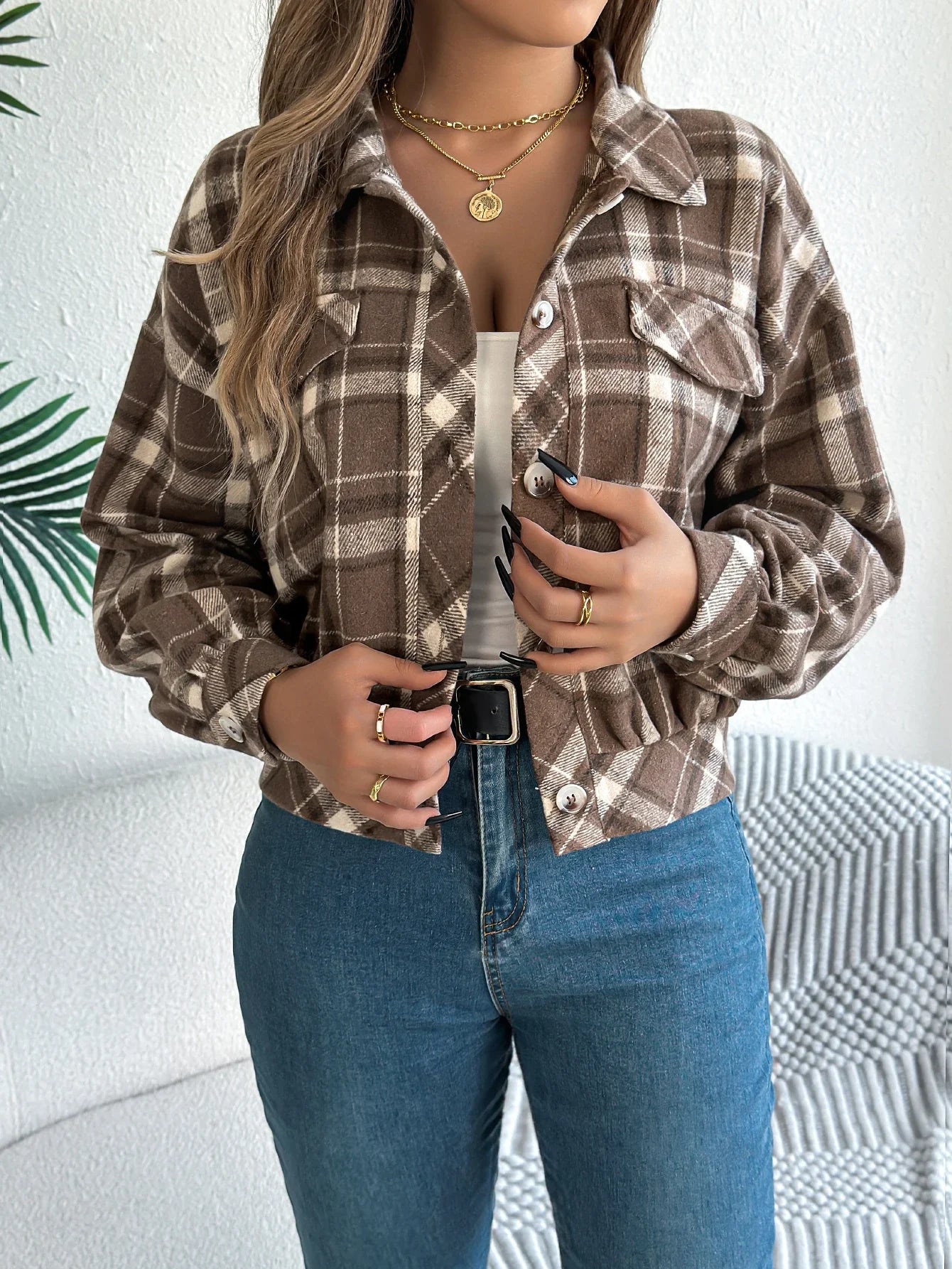 Short Plaid Denim Jacket