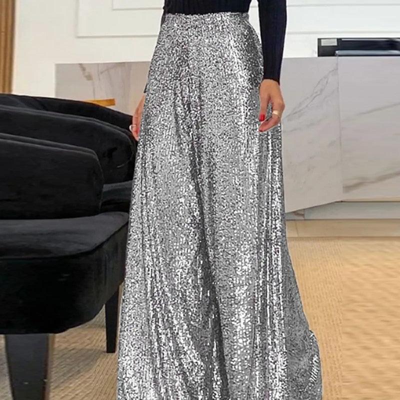 Sparkly Wide Leg Women's High Waist Pants