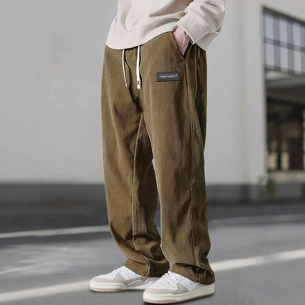 Men's Classic Fit Ribbed Trousers with Elastic Waist