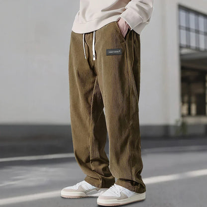 Men's Classic Fit Ribbed Trousers with Elastic Waist